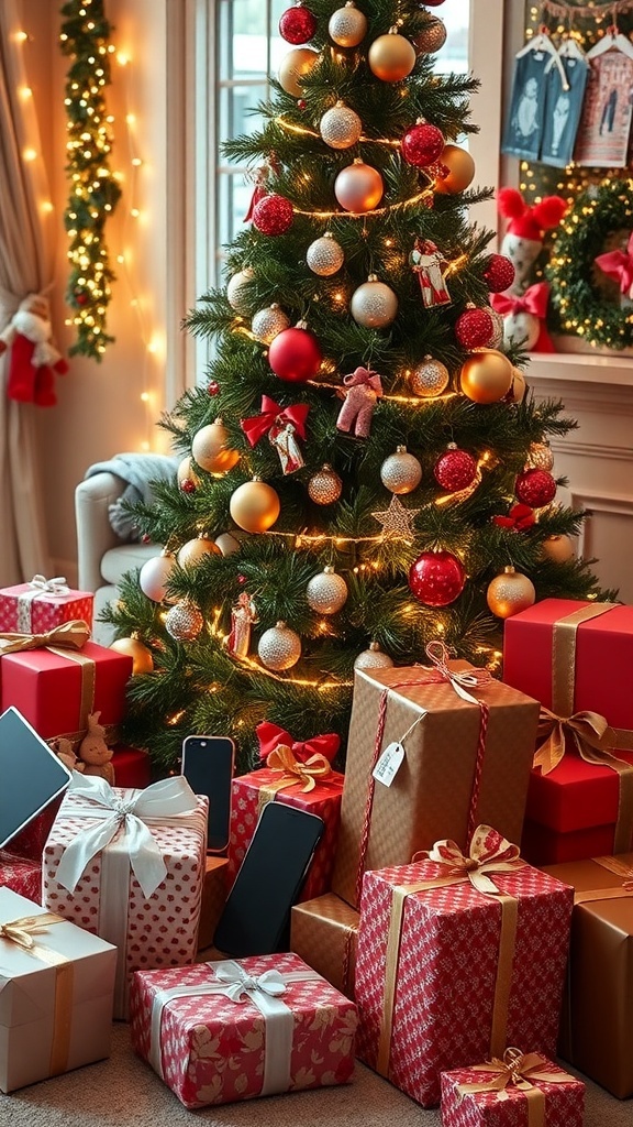 A Christmas tree with colorful wrapped gifts underneath, representing various wishlist ideas.